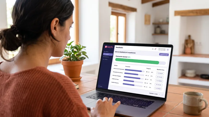 Panel de resultados de corrección automática de examen tipo test en plataforma para academias