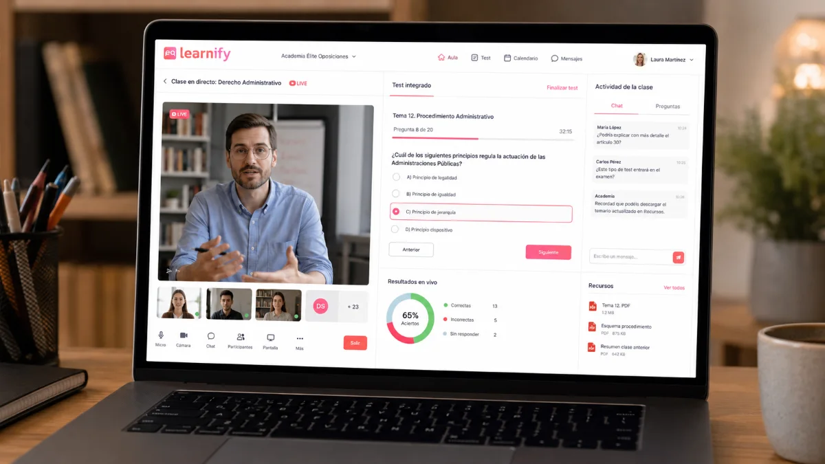 Plataforma con clases en directo y tests integrados para academias de oposiciones