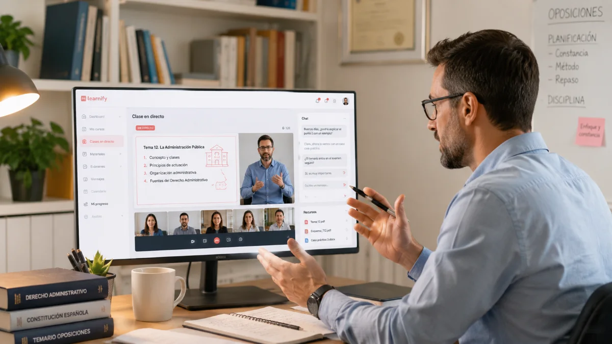 Preparador impartiendo una clase en directo online en academia de oposiciones