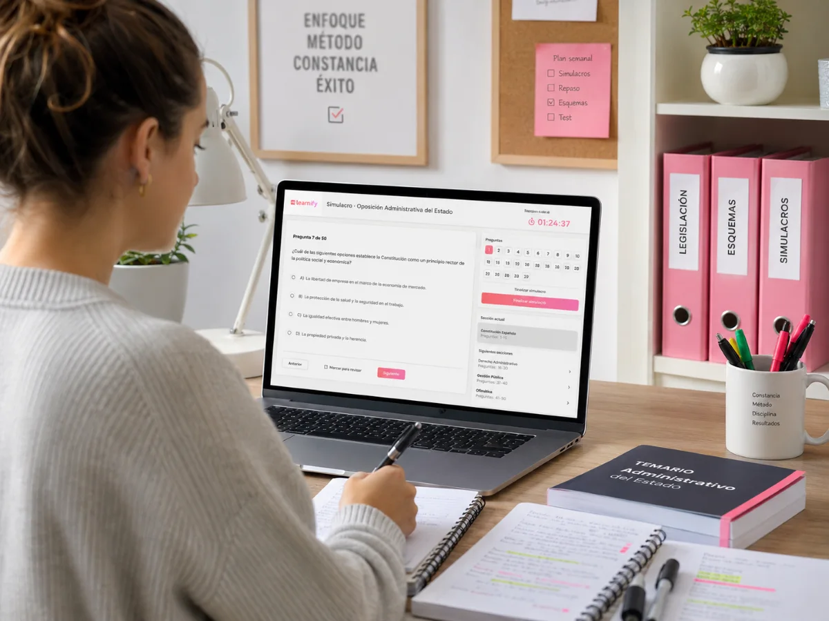 Alumno realizando un simulacro de examen online en academia de oposiciones