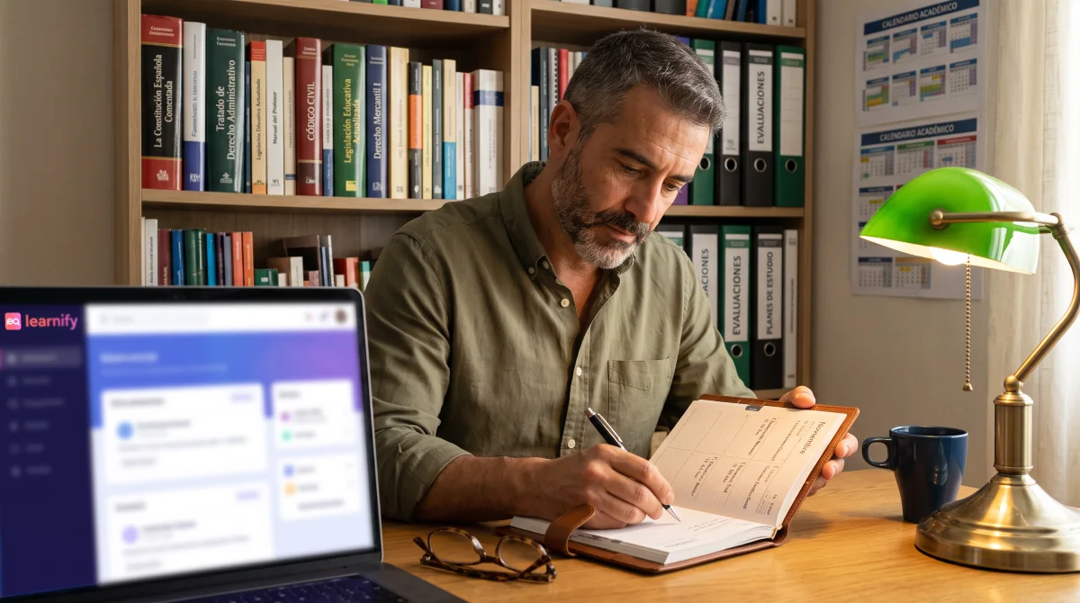 Preparador de oposiciones planificando un plan de práctica con tests para su academia