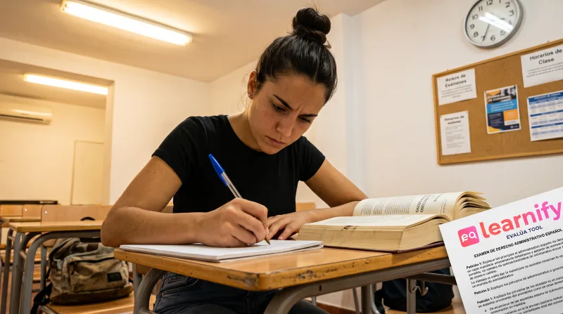 Alumno de oposiciones resolviendo un supuesto práctico en un aula de academia española