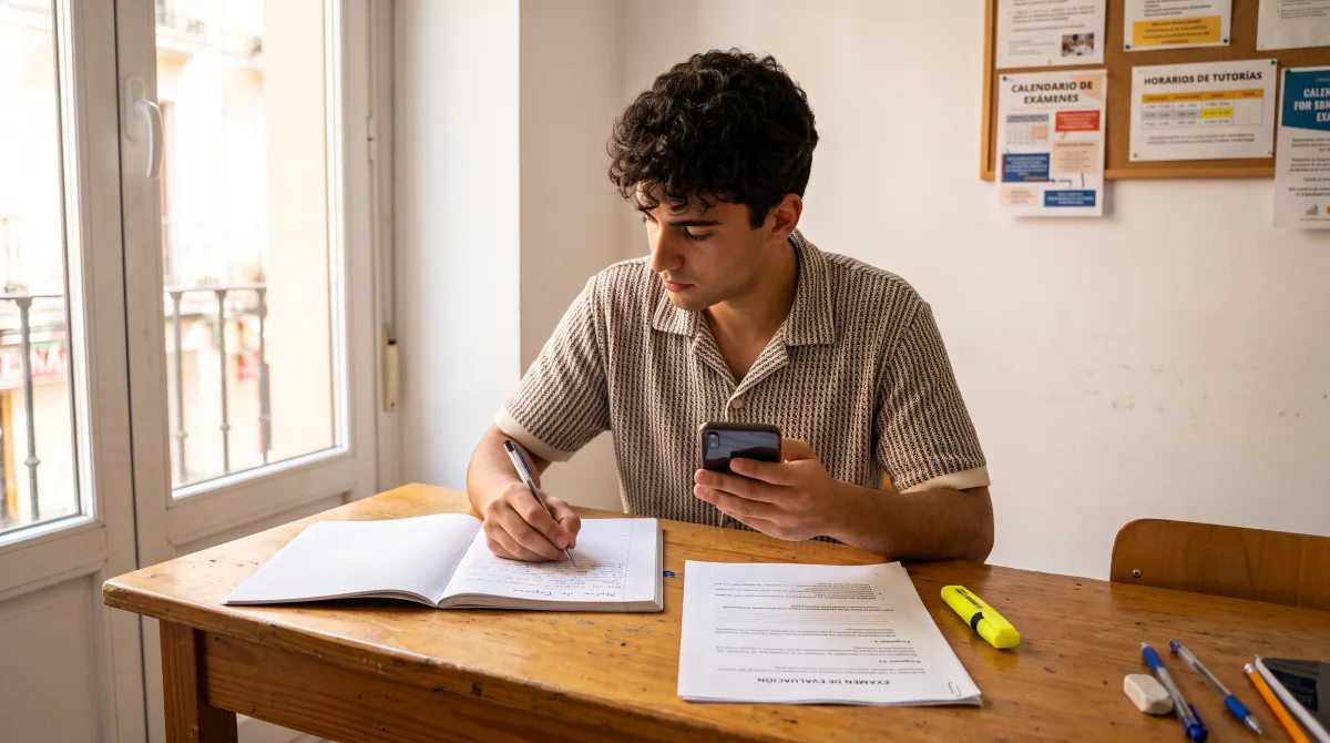 Alumno de oposiciones practicando un test online desde el móvil en una academia española