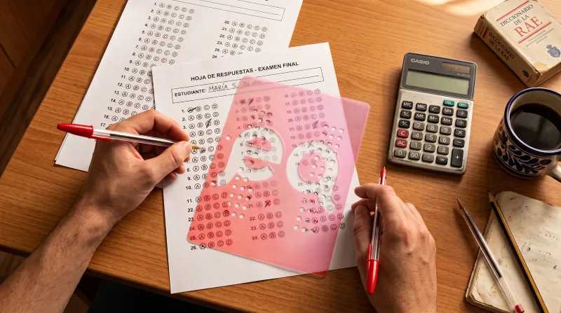 Preparador corrigiendo exámenes tipo test con plantilla de corrección manual en academia de oposiciones