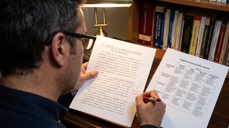 Preparador de oposiciones corrigiendo un supuesto práctico con rúbrica de evaluación en academia