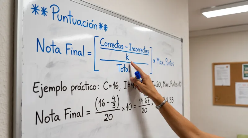 órmula de penalización de exámenes tipo test escrita en pizarra de academia de oposiciones