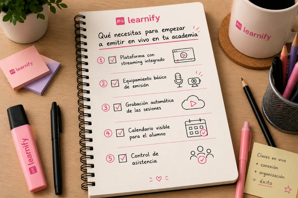 Checklist con requisitos para emitir clases en vivo en una academia de oposiciones.