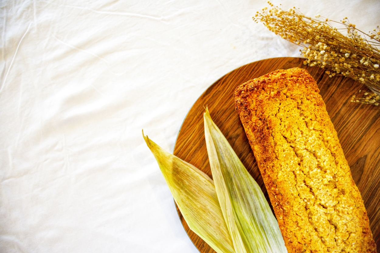 Corn bread on wood serving board