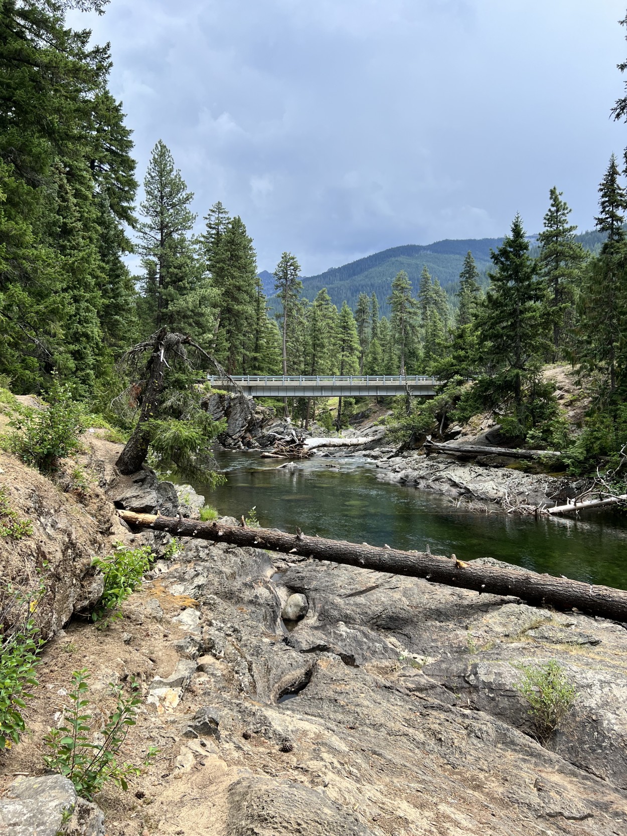 View of creek and Upper Icicle Creek Bridge from Rock Island campsite