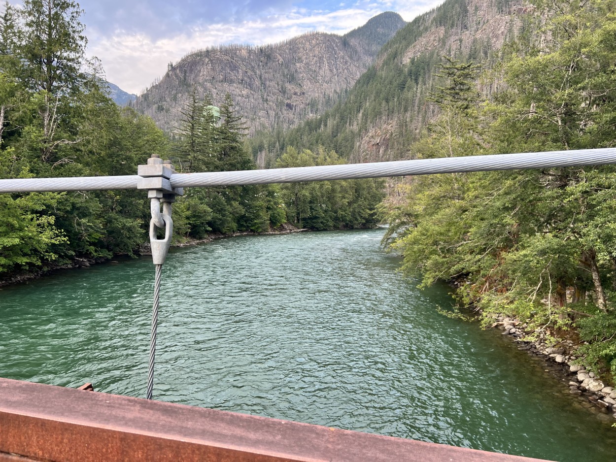 View of Skagit River from suspension bridge leading into Newhalem.