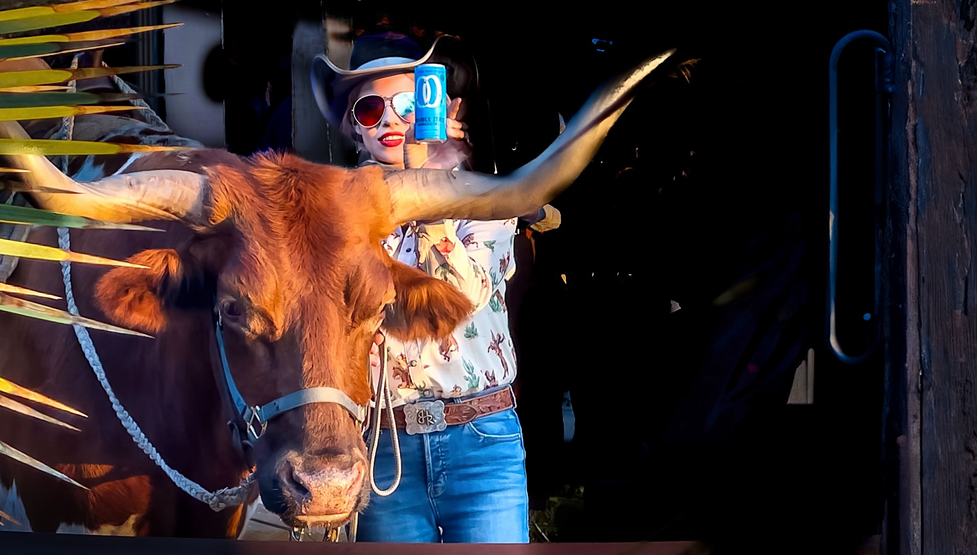 cowgirl and longhorn in barn