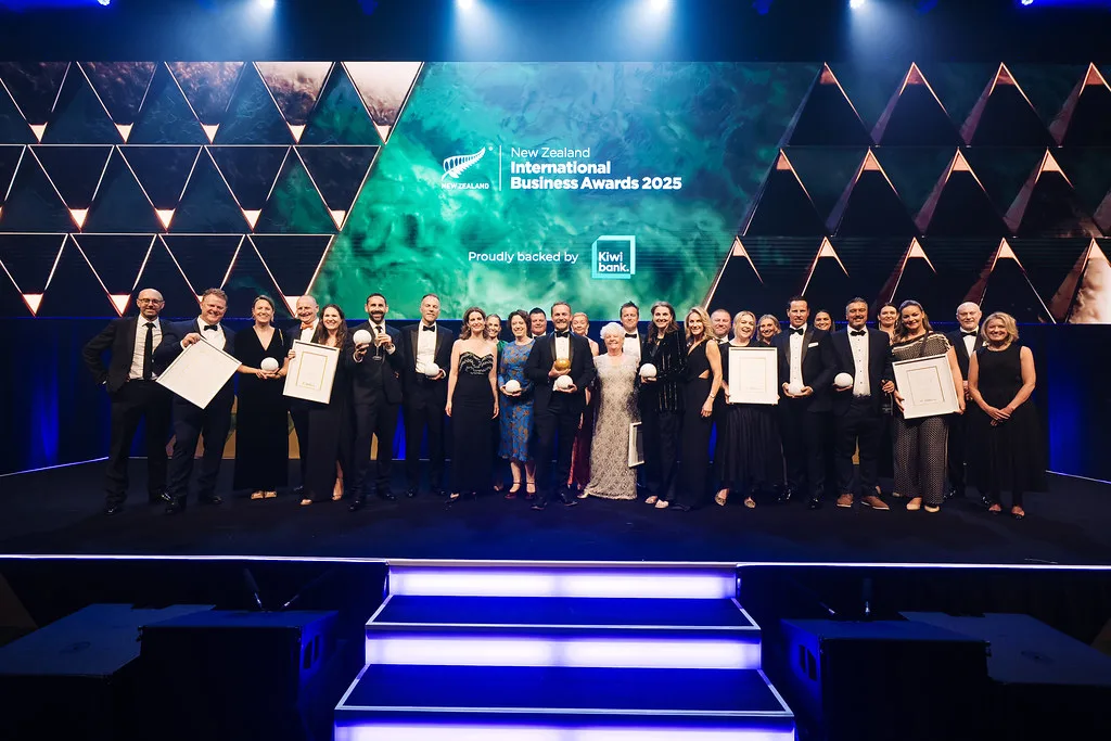 All the winners at the 2025 New Zealand International Business Awards celebrate together.
