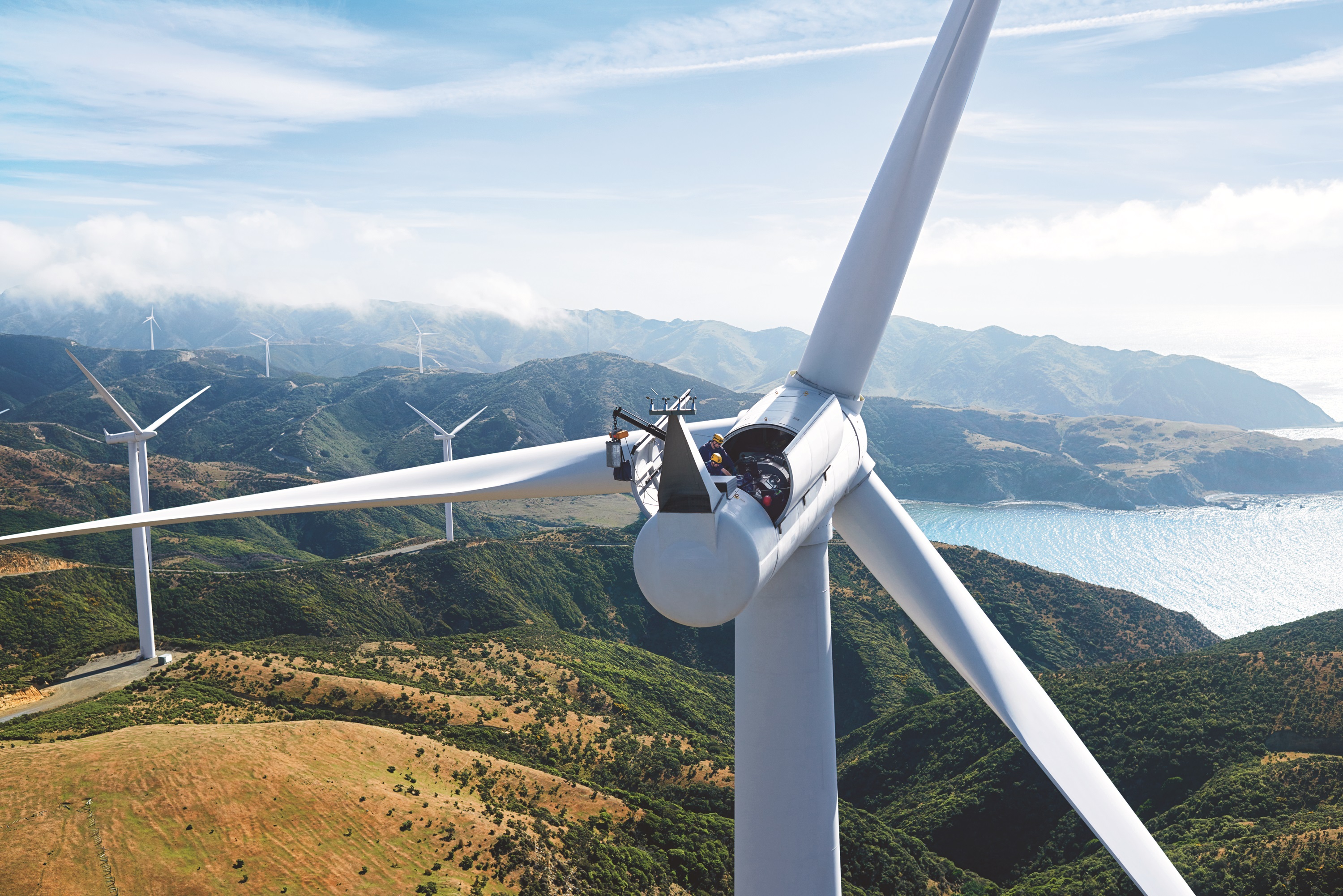 The West Wind farm at Makara, on the western edge of Wellington, New Zealand. Surrounded by ocean, the funnel effect from the Cook Strait creates the perfect environment to channel the power of wind.
