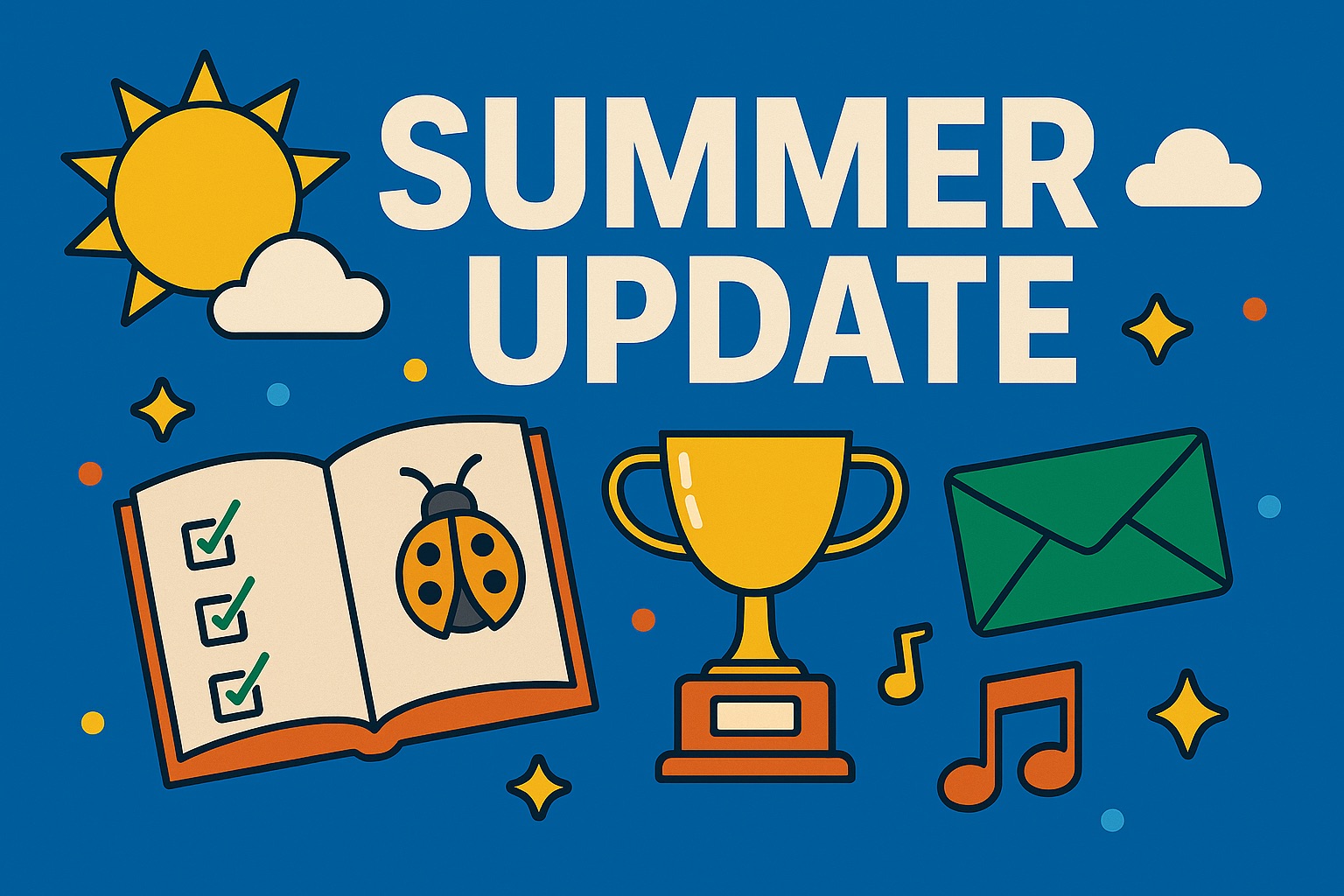 Summer Update Graphic with Celebration Icons and Bold Text