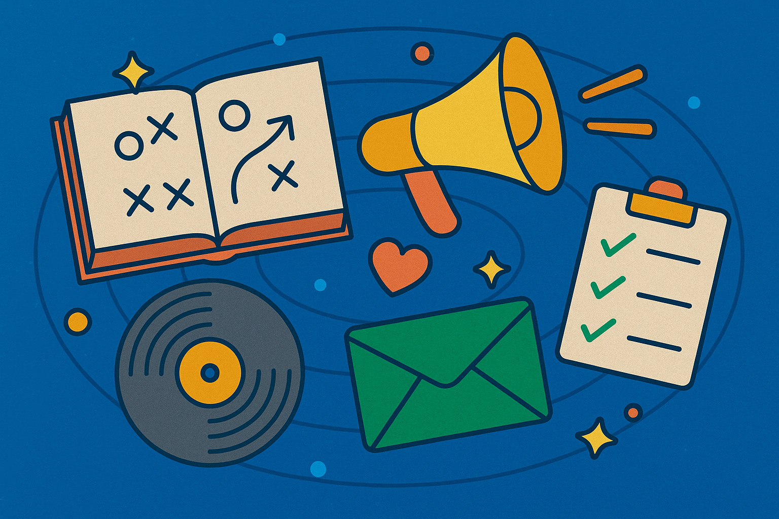 Illustration of music marketing concepts with icons on a blue background.