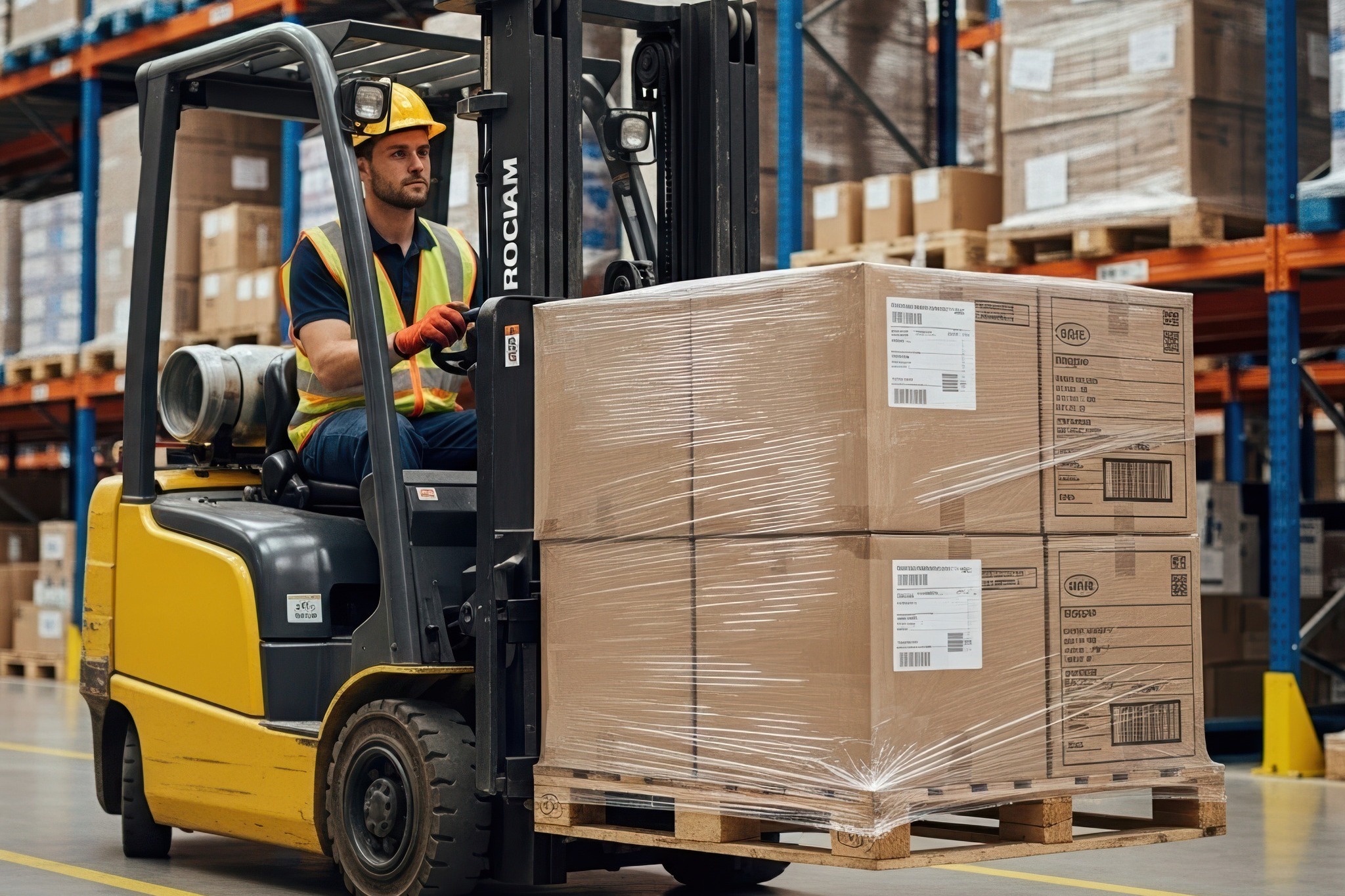 Operating Forklift inside Warehouse, Worker Operates Forklift to Transport Packaged Goods, Ensuring Safe and Efficient Material Handling. inside Industrial Warehouse, (1)