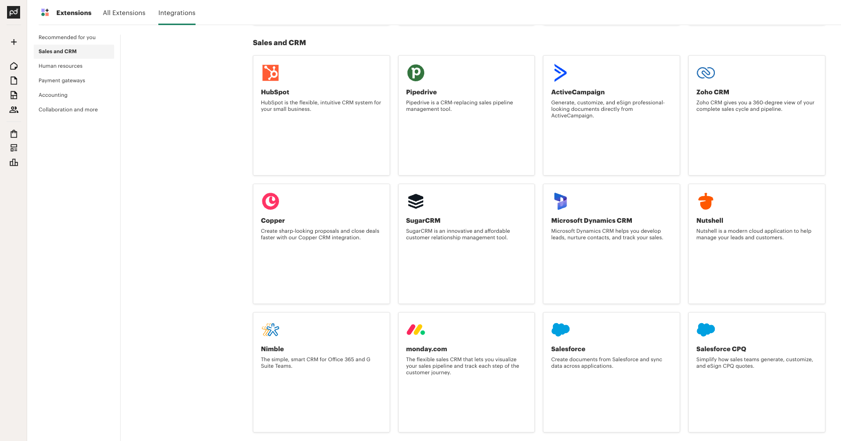 Showing which CRMs PandaDoc integrates with