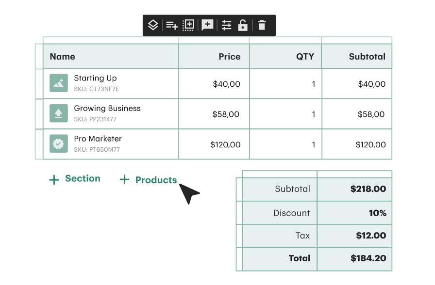 pricing table