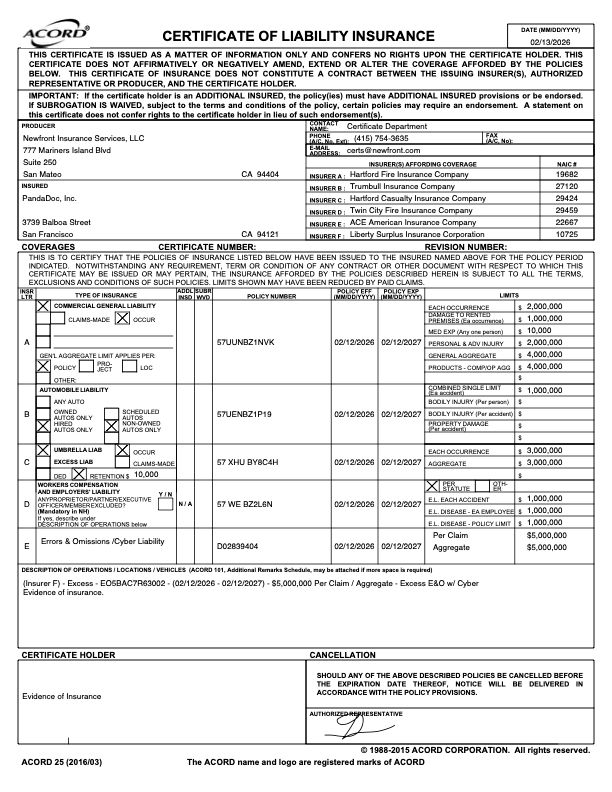 Certificate of Liability Insurance