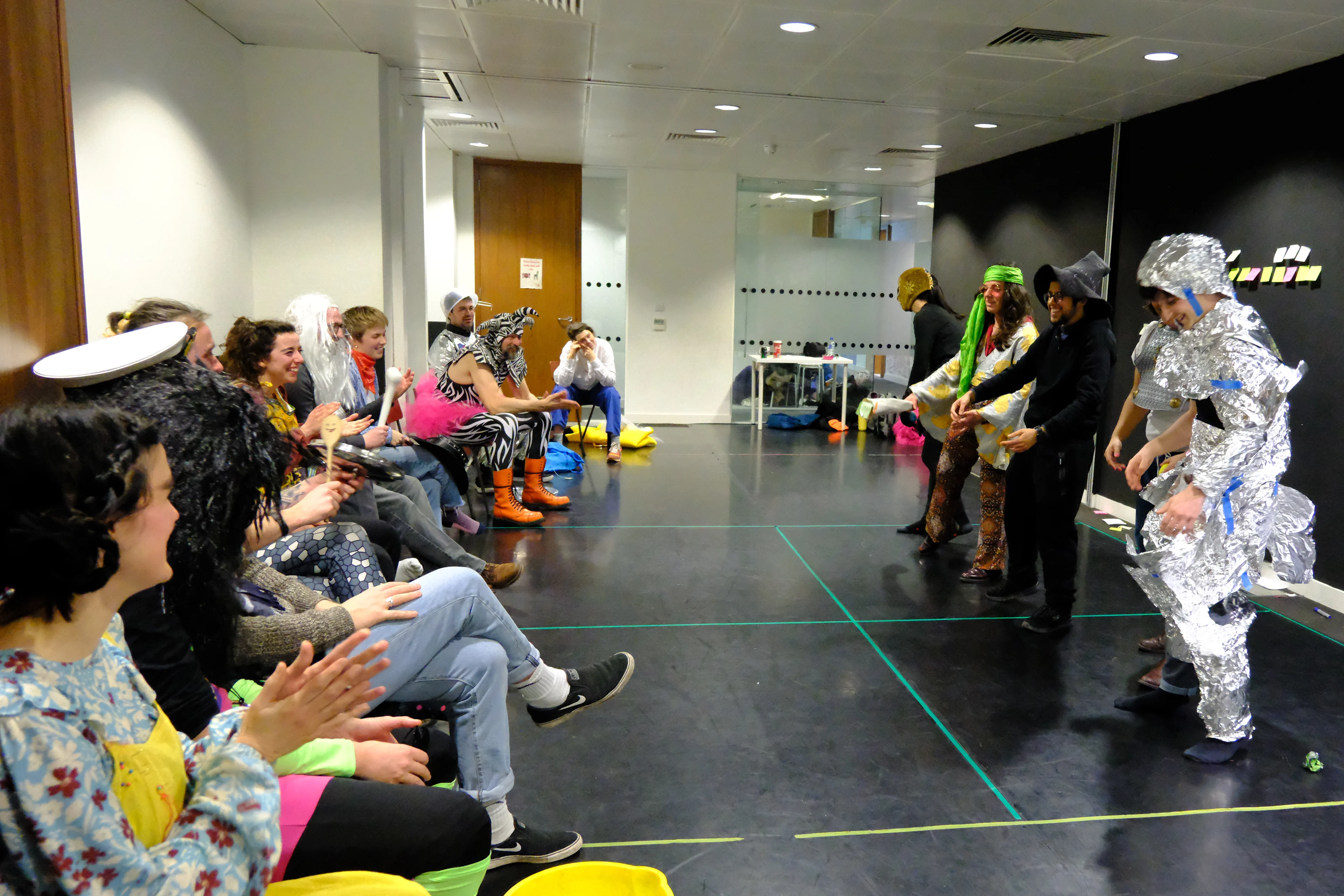 Clown workshop with everyone in fancy dress costumes