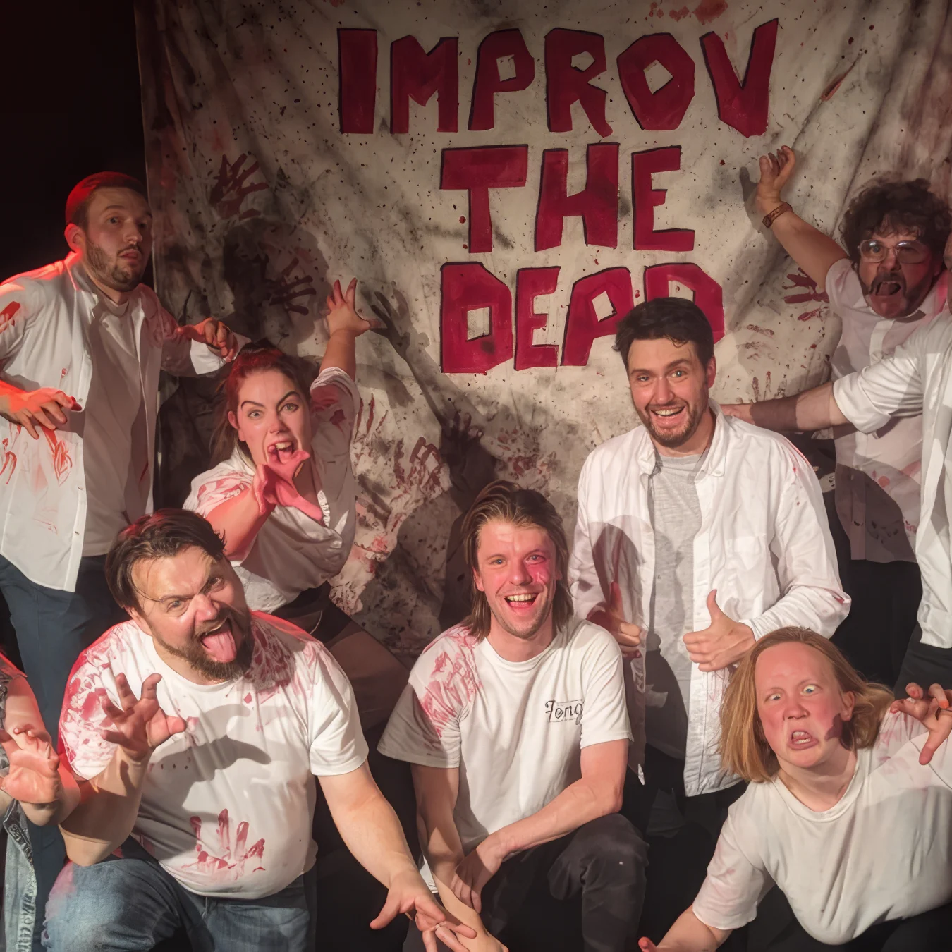 Improv the Dead Team The Improv the Dead comedy troupe. 10 Improvisers with bloodied tops in front of a sign reading "IMPROV THE DEAD"