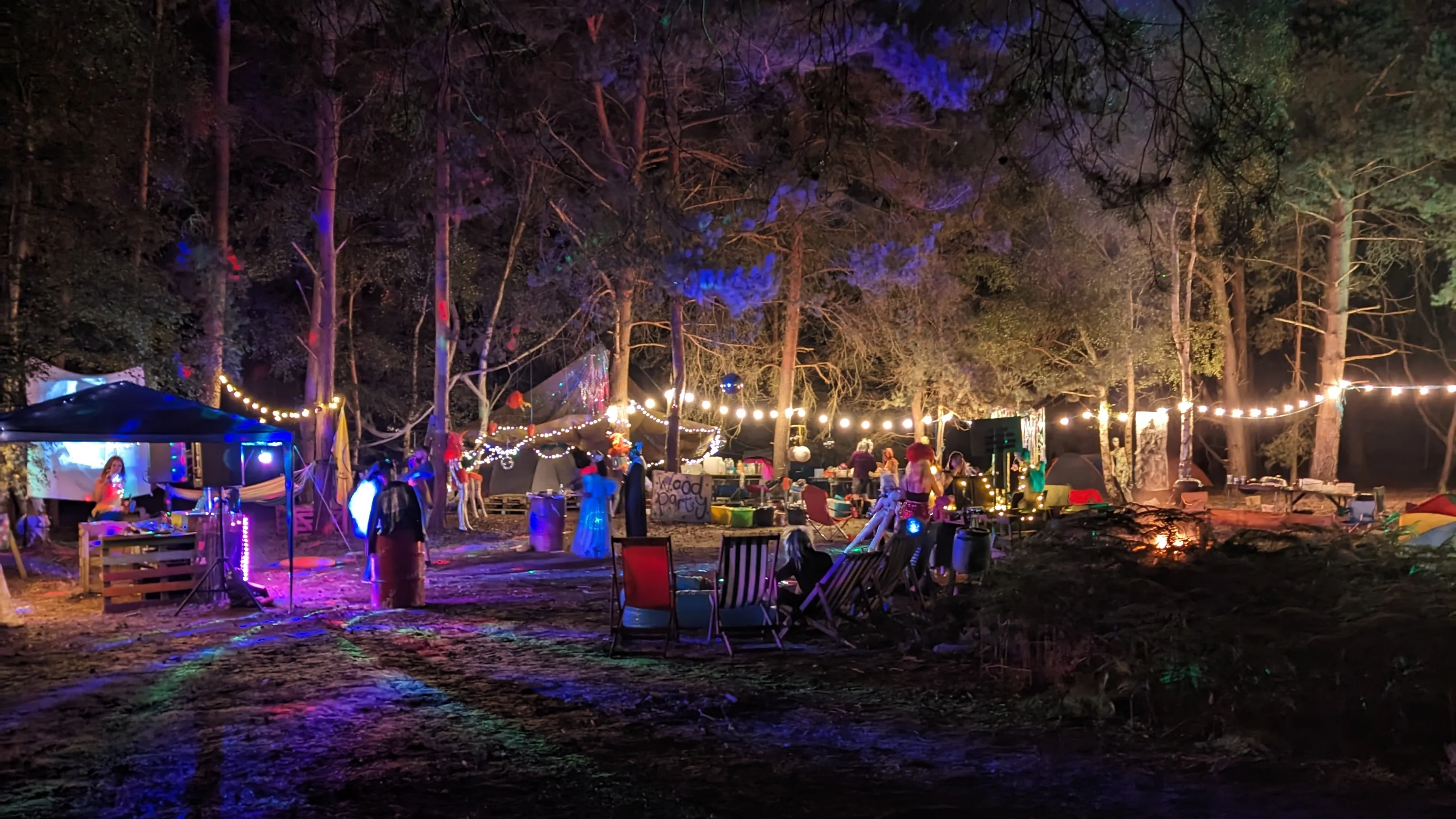 Woods overview Dark woodland which is hosting a party. We can see the lights, fire, gazebo and people dancing in a colourful setting