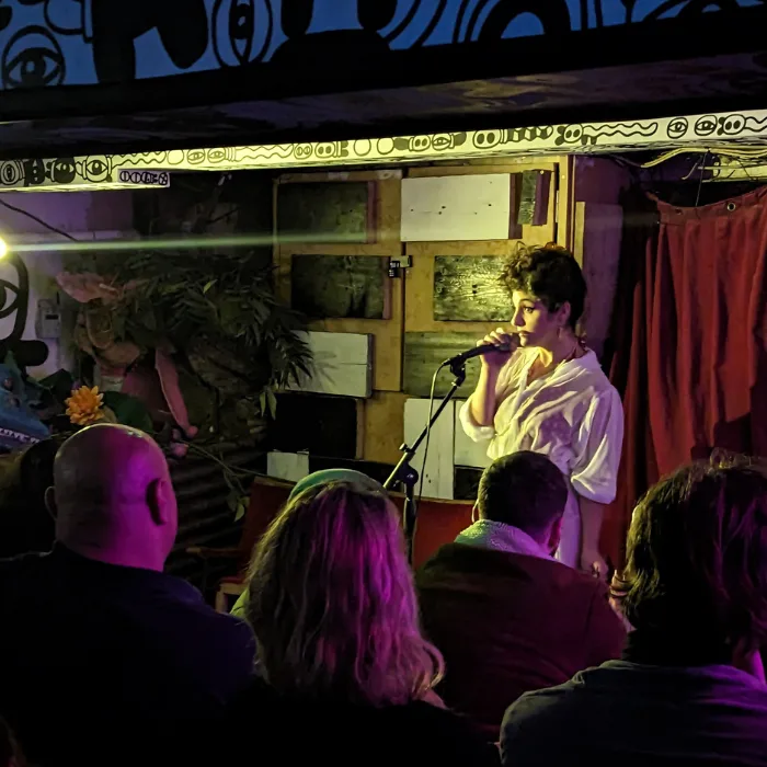 Modern-art-rosie Comedian on stage holding a microphone in a sultry post