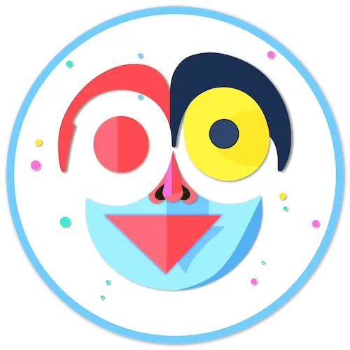 The Playface logo in a circle. It depicts a smiling face made up of simple colourful shapes. There are tiny decorative dots in the background in a variety of colours. I'm not going to lie, it's a weird face.
