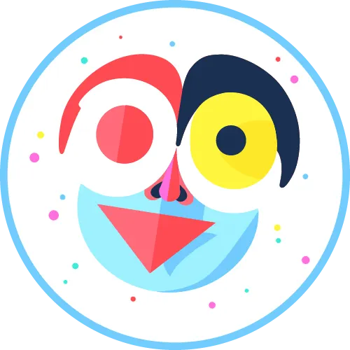 The Playface logo in a circle. It depicts a smiling face made up of simple colourful shapes. There are tiny decorative dots in the background in a variety of colours. I'm not going to lie, it's a weird face.