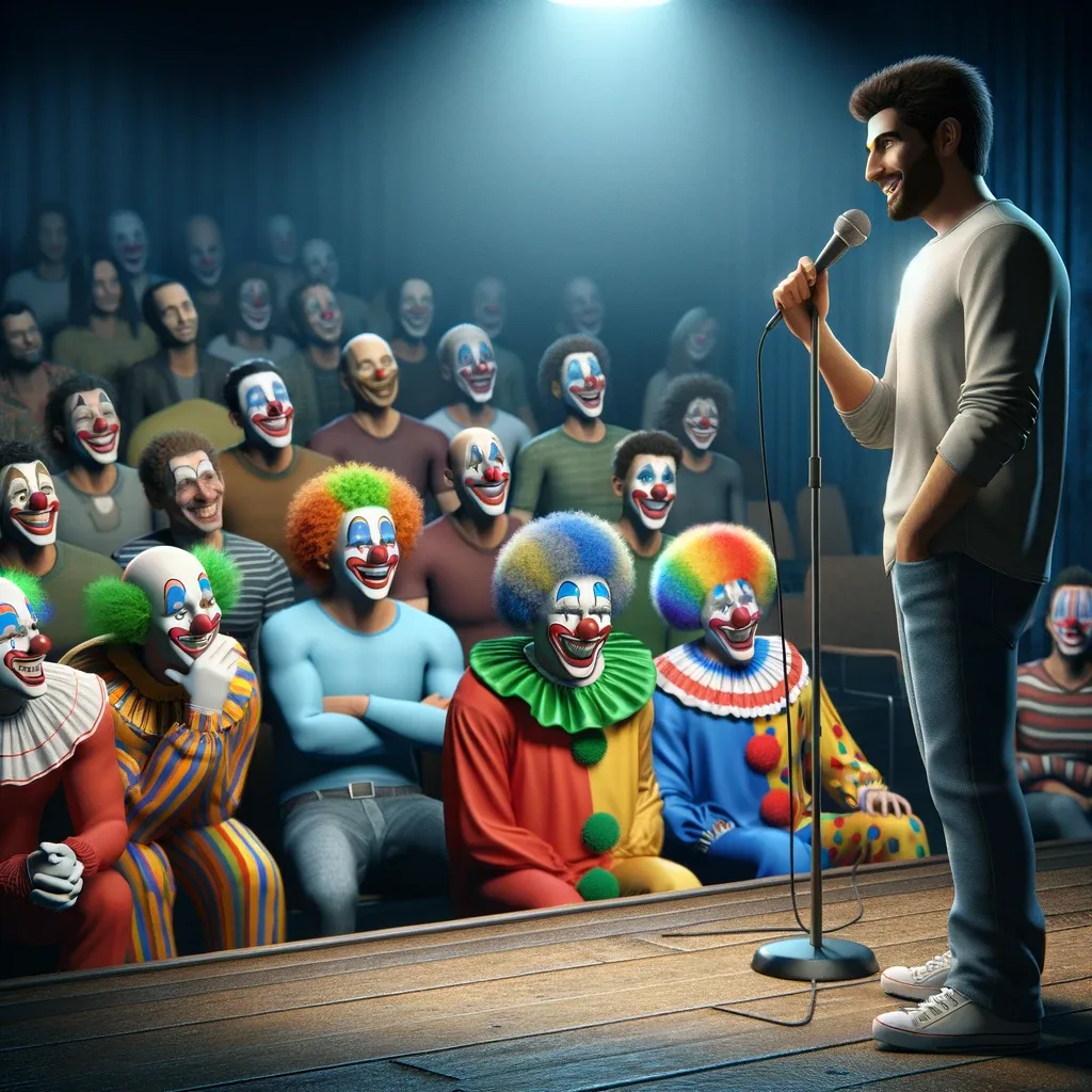 AI generated image of a man on stage holding a microphone performing to an audience of clowns 