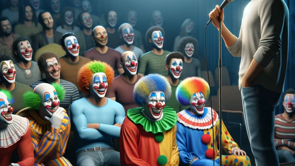 ClownComedyComputerArt AI generated image of a man on stage holding a microphone performing to an audience of clowns