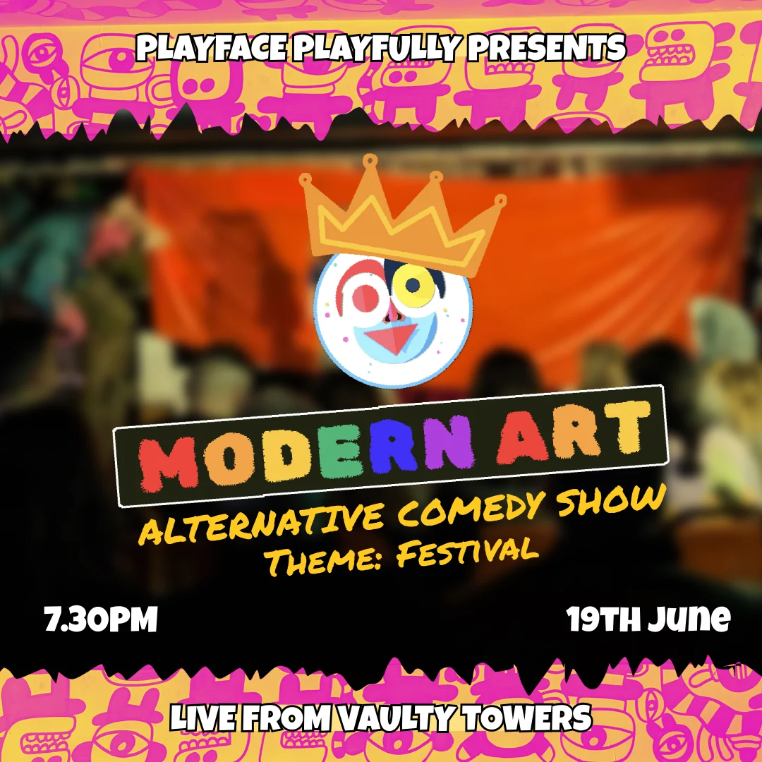 Modern Art June Poster showing dates 19th  June, 7.30pm and theme: festival 