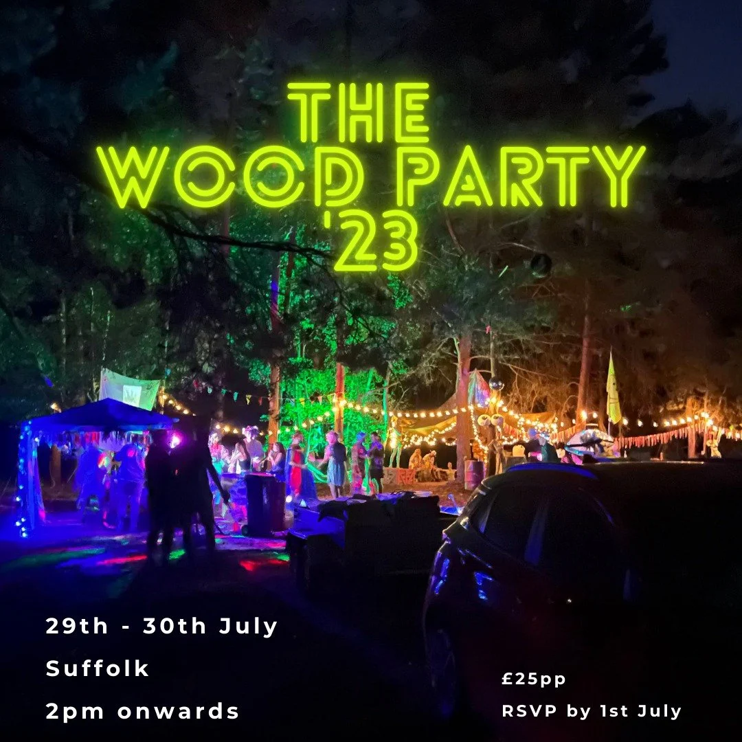 Post for the Wood Party 2023. There are tree's at night with festoon lights and fun colours lighting everything up.