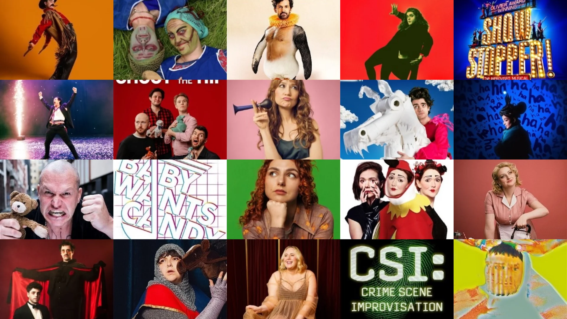 Collection of show posters for Edinburgh Fringe 2025. Lots of faces on bright colourful backgrounds, some with show names.