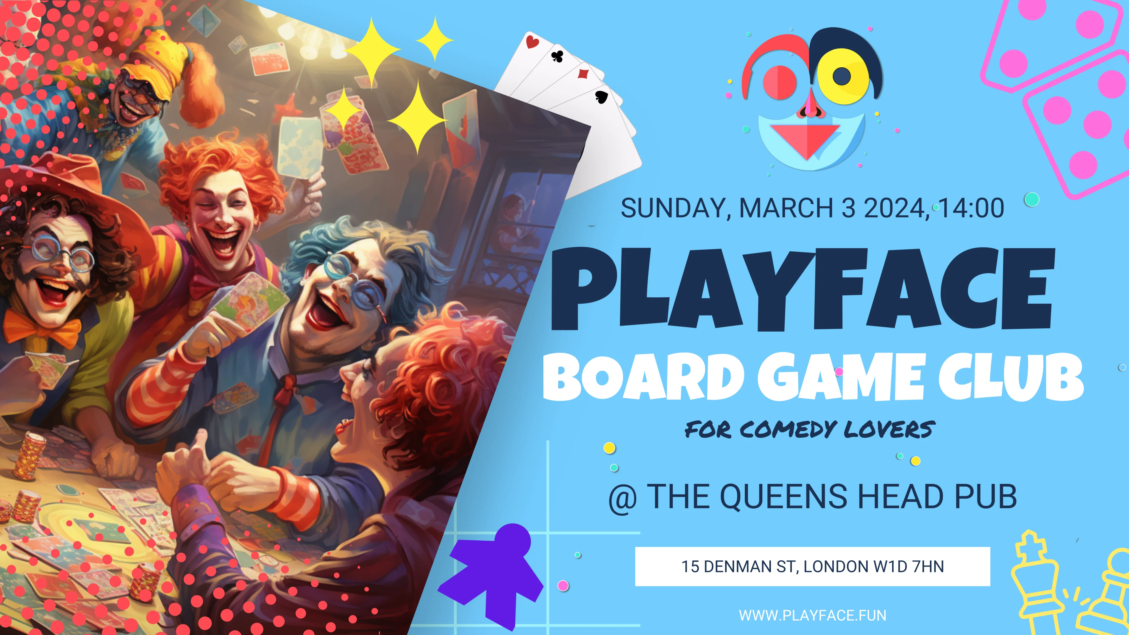 A poster promoting the Playface Board Game Club for March 2024