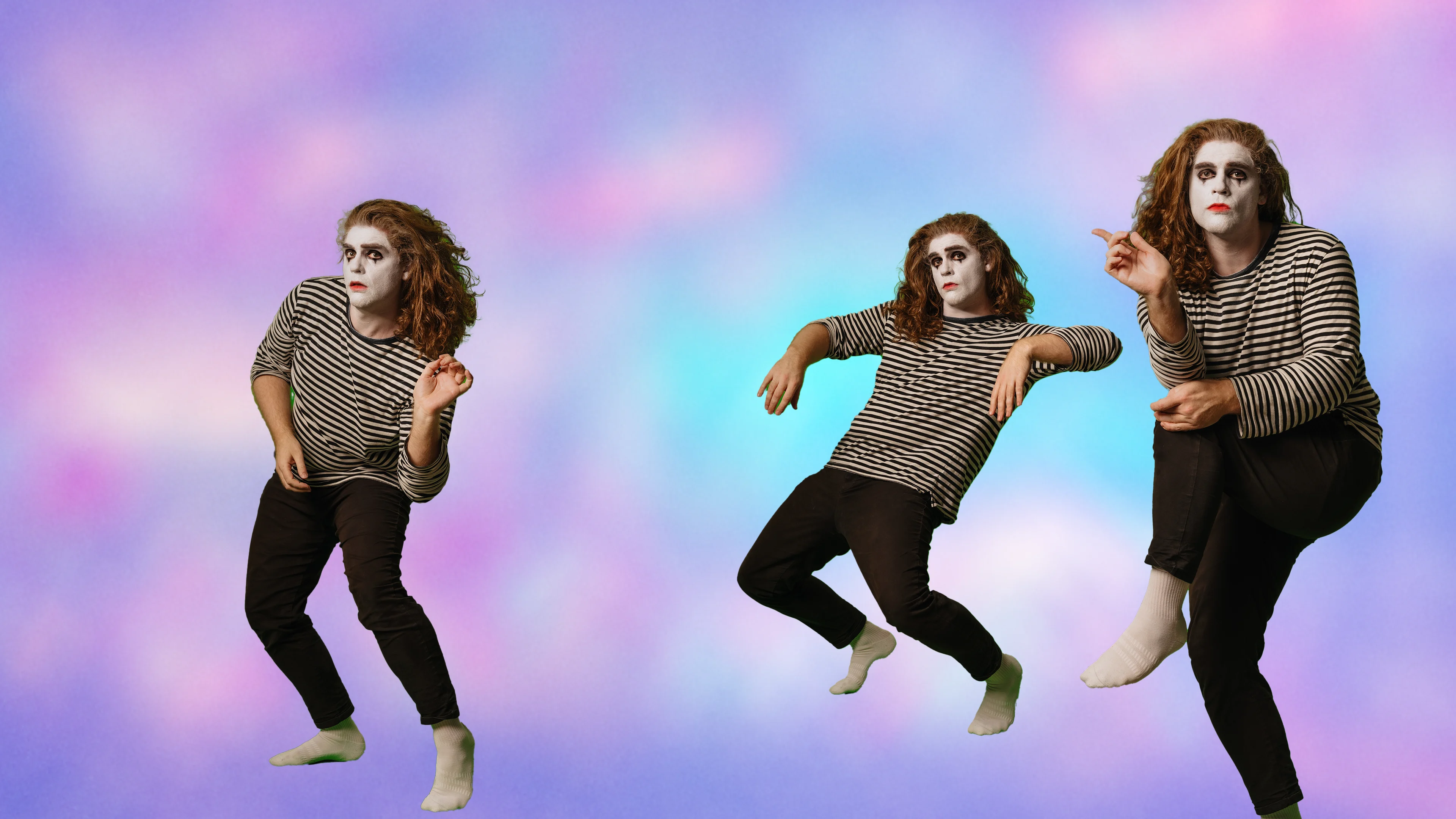 Image of David Hoskin dressed as a mime in three different poses