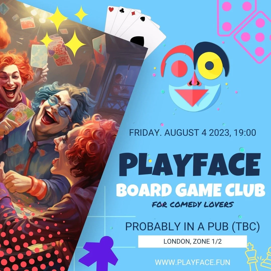 Square social media image for Board Game Club August 4th 2023 by Playface. There are details about the event and some clowns playing cards.