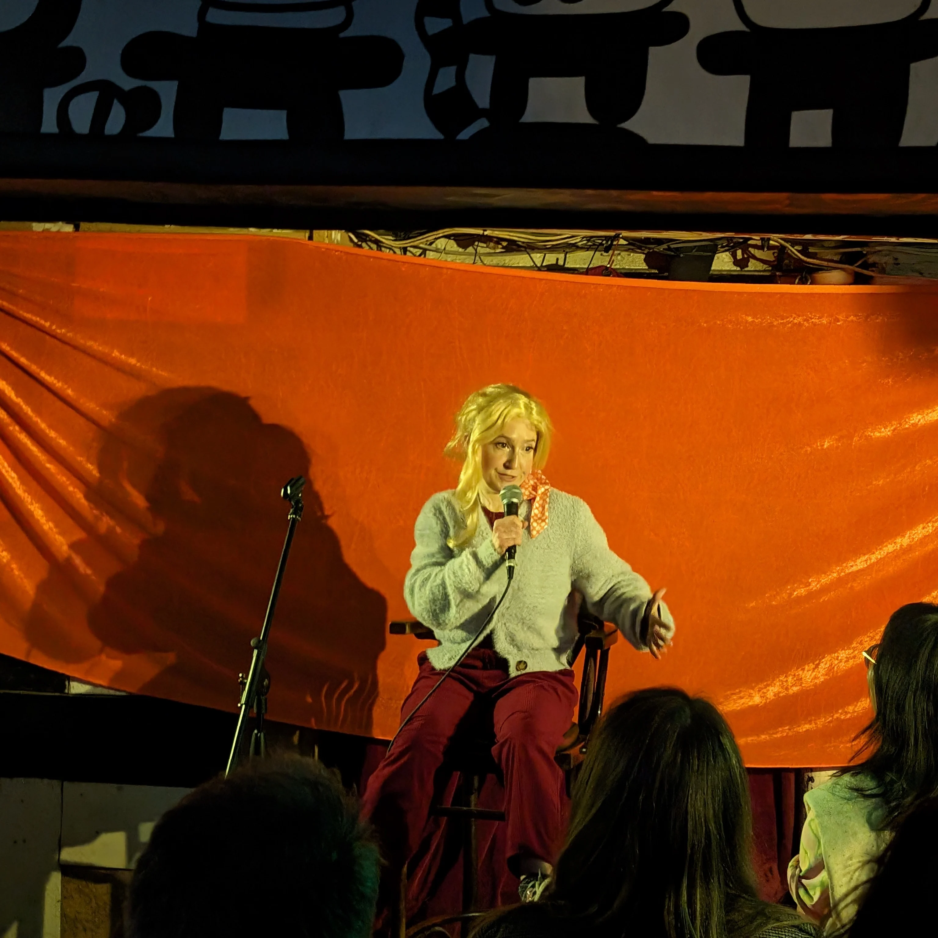 Susan Harrison Comedian on stage holding a microphone