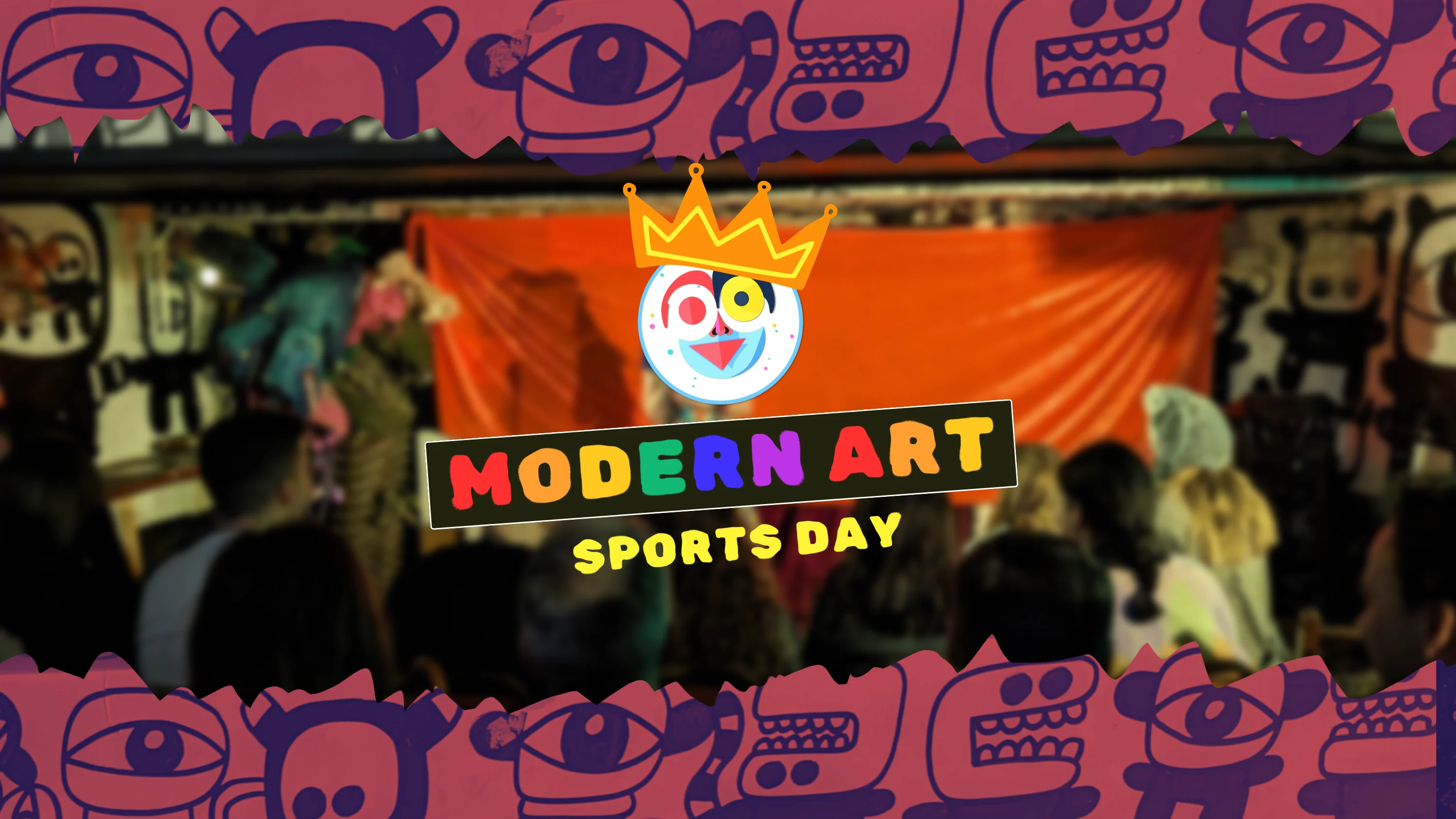 Modern Art March Sports Day poster showing a stage and the colourful show name 