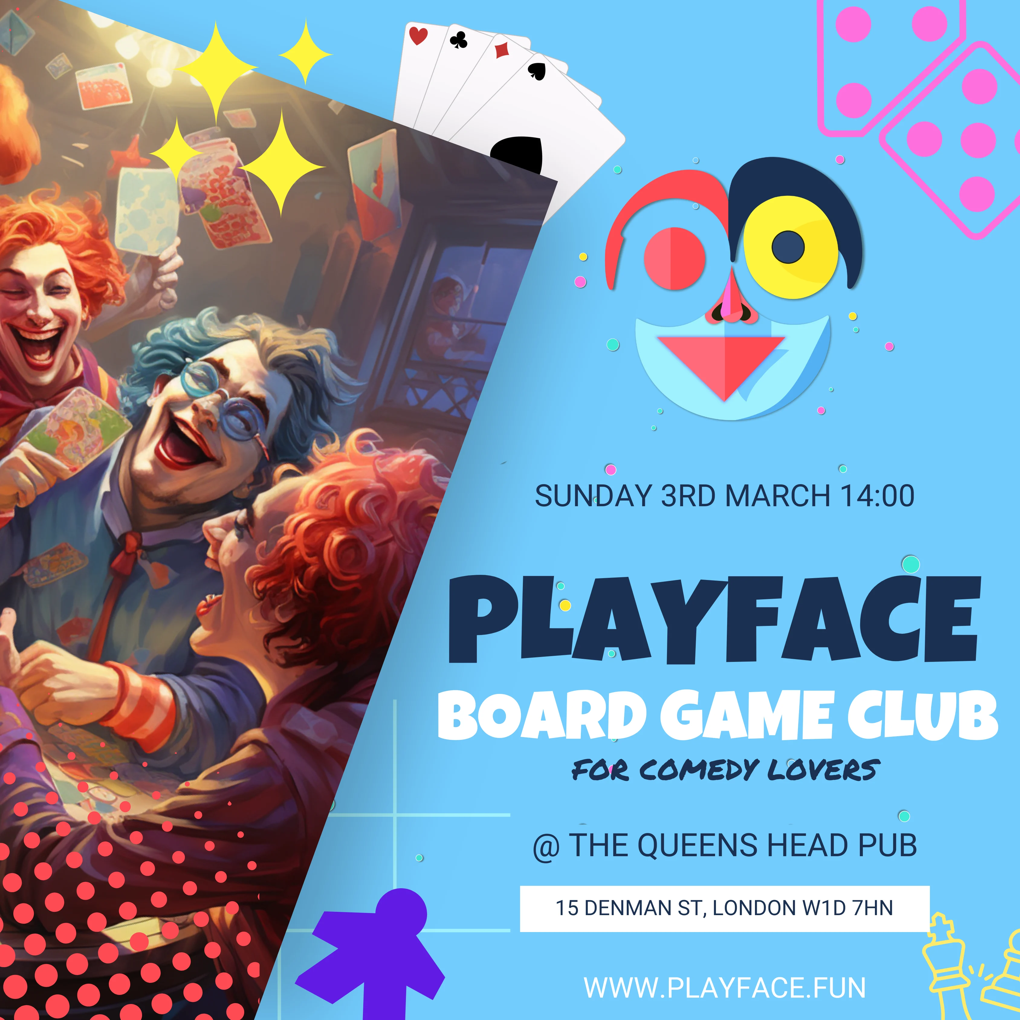 Poster for the Playface Board Game Club for comedians