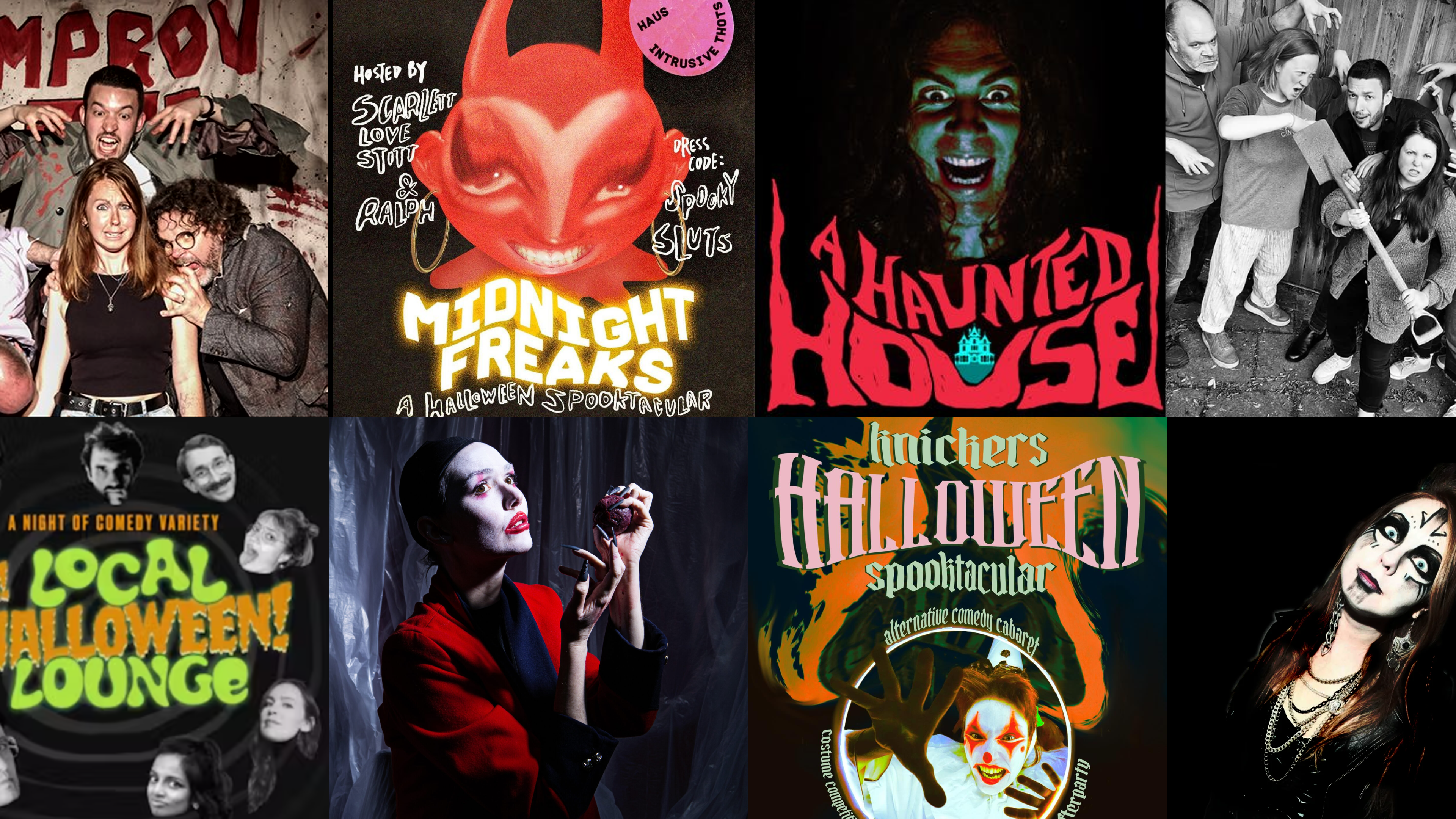 Eight show posters showing Halloween comedy shows to watch which are detailed in our halloween blog post