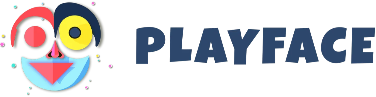 The Playface logo on the left with text that says "PLAYFACE" to its right. The logo is a smiling face made up of simple colourful shapes. There are multi coloured decorative dots in the background
