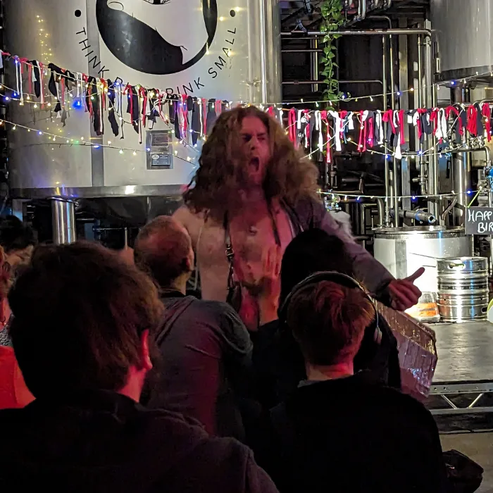 Modern-art-oct-david-hoskin Comedian David Hoskin dressed as a Viking performing to an audience