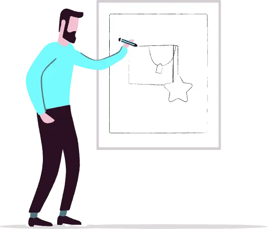 An illustration of a UX designer drawing a product on a whiteboard.