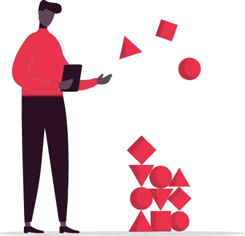 An illustration of a man juggling red coloured shapes with one hand while holding a tablet with the other.