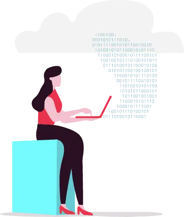 An illustration of a woman developer writing code on her laptop.