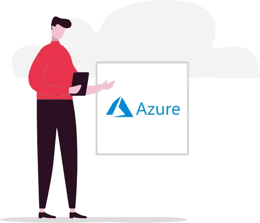 An illustration of a man holding a tablet and pointing at a presentation slide that says "Azure"