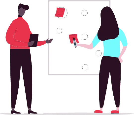 An illustration of a woman and a man standing in font of a whiteboard on which pos-it notes are arranged into a workflow. A woman is writing something on one of the post-it notes. A man in pointing at the whiteboard.