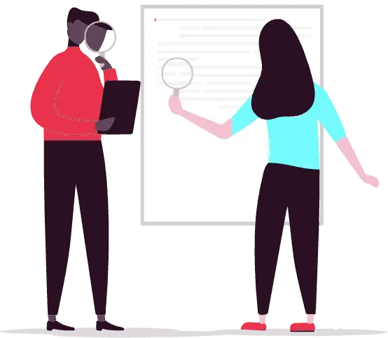 An illustration of a man and a woman standing next to each other. The man looks at a document he holds up through the magnifying glass. The woman points a magnifying glass at the whiteboard in front of her on which an unreadable text is displayed.