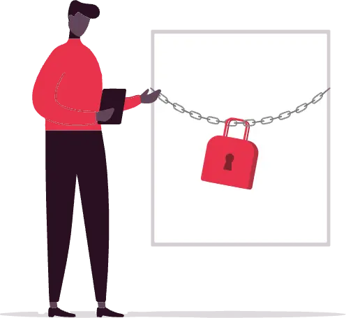An illustration of a man holding up a tablet and pointing at a presentation slide on which we can see a symbol of a lock and a chain, representing security.